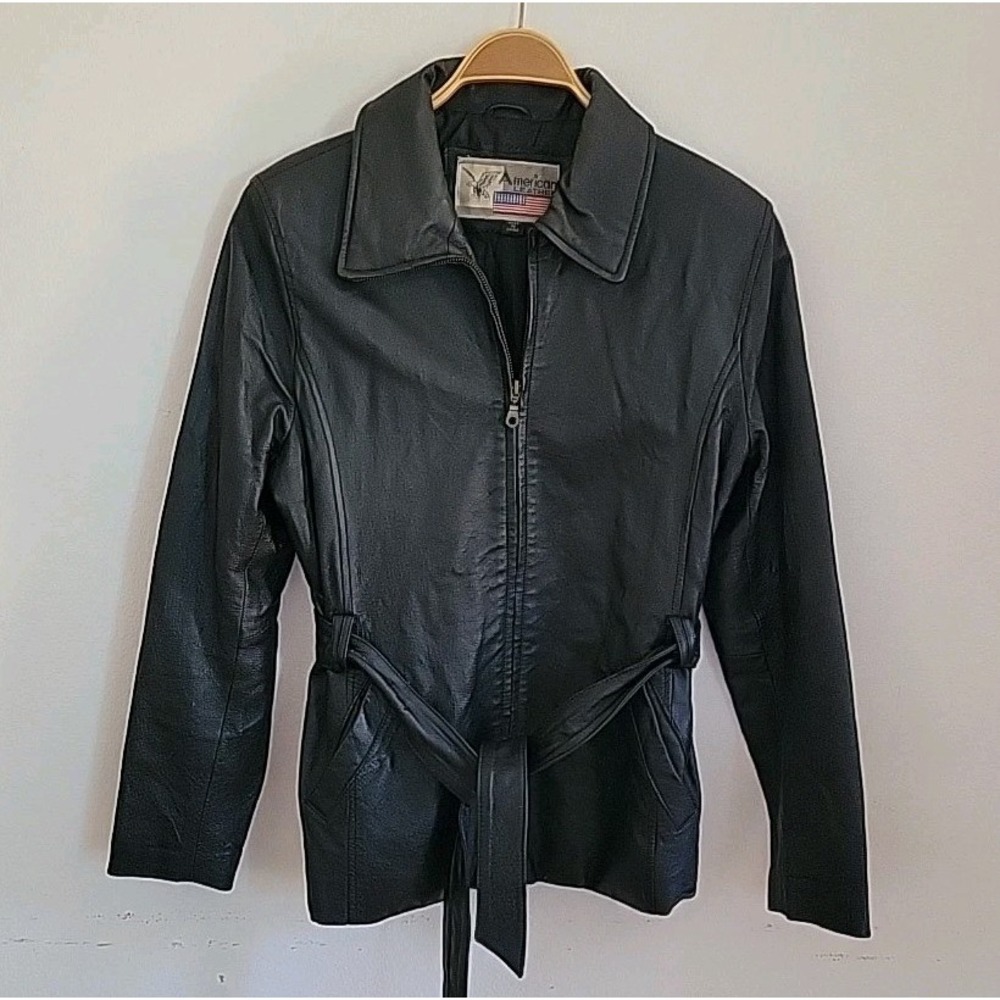 American Leather Jacket Vintage 90s Y2K Black Belted‎ Full Zip Classic USA